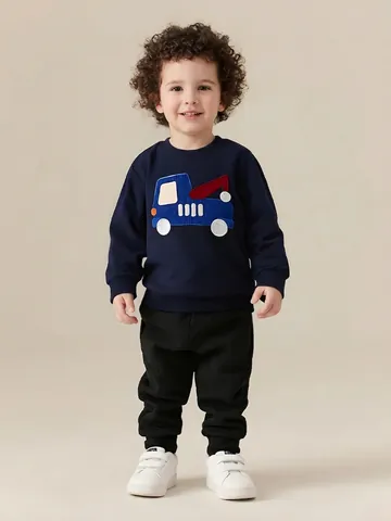 Fashion Boys Cotton Long Sleeve Sweatshirt Navy Blue Engineering Truck Applique Embroidery Printed Autumn Kids Pullover Top