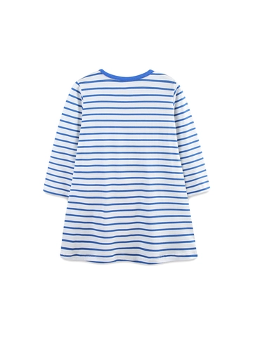 Mädchen Langarm Baumwollkleid Klassisch Blau Weiß Gestreift Prinzessinnenkleid Mit 3D Erdbeere Applikation Dekoration