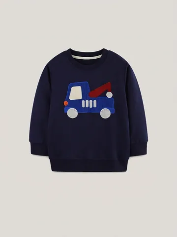 Fashion Boys Cotton Long Sleeve Sweatshirt Navy Blue Engineering Truck Applique Embroidery Printed Autumn Kids Pullover Top