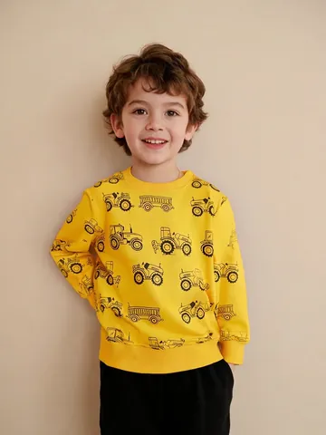 Felpa da Bambino in Cotone al 100% Manica Lunga Stampa Veicoli da Cantiere Trattore Girocollo Pullover Top