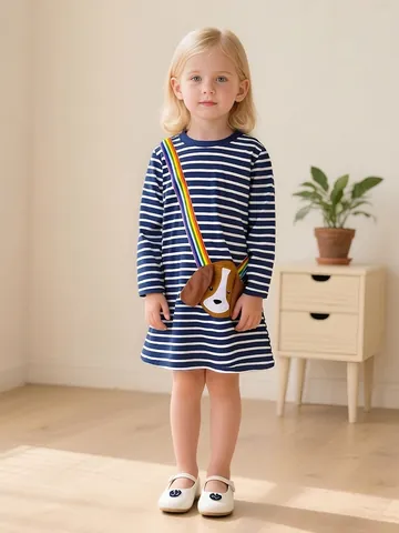 Robe à Rayures à Manches Longues pour Filles Automne Décontractée en Coton Robe de Princesse Avec Sac Chien Accessoire Mignon