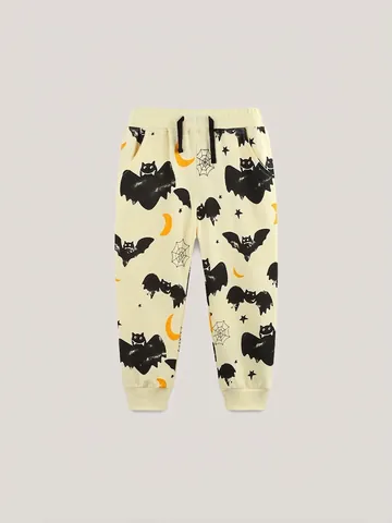 Boys Halloween Joggers Western Style Cotton Printed Cuffed Sweatpants For Toddlers Fall Beige Bats Moon Print Casual Trousers