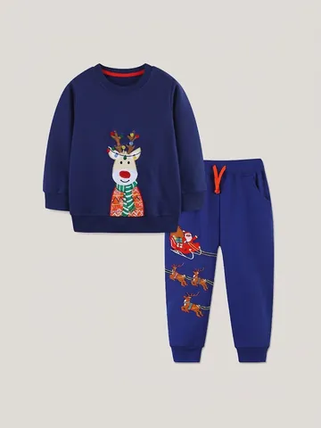 Completo da Bambino Due Pezzi Felpa e Pantaloni Sportivi con Ricamo Renna di Natale in Cotone a Maniche Lunghe Autunno