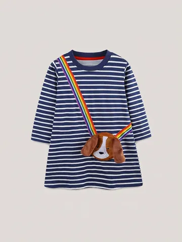 Robe à Rayures à Manches Longues pour Filles Automne Décontractée en Coton Robe de Princesse Avec Sac Chien Accessoire Mignon