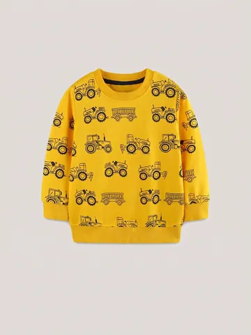 Felpa da Bambino in Cotone al 100% Manica Lunga Stampa Veicoli da Cantiere Trattore Girocollo Pullover Top