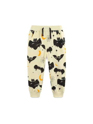 Boys Halloween Joggers Western Style Cotton Printed Cuffed Sweatpants For Toddlers Fall Beige Bats Moon Print Casual Trousers