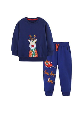 Completo da Bambino Due Pezzi Felpa e Pantaloni Sportivi con Ricamo Renna di Natale in Cotone a Maniche Lunghe Autunno