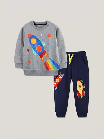 Vêtements Garçons Enfants 100% Coton Sweat-Shirt à Manches Longues et Pantalon Fusée Espace Imprimé Broderie Tenue de Sport Décontractée