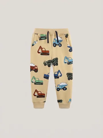 Jongens Mode Cartoon Bouwvoertuig Print Katoenen Joggingbroek Kinderen Khaki Elastische Taille Geribbelde Manchetten Broek