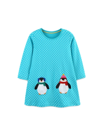 Robe à Manches Longues à Pois d'Automne pour Filles Robe de Princesse en Tricot de Coton Avec Broderie de Pingouin de Dessin Animé
