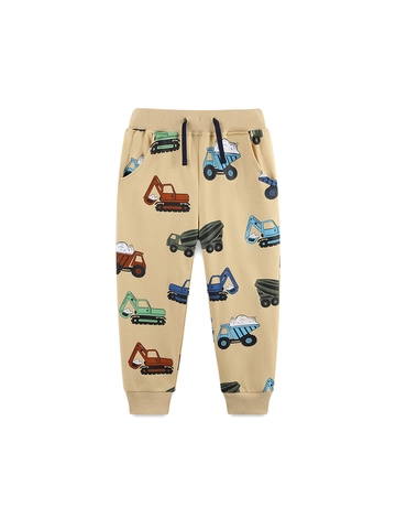 Jongens Mode Cartoon Bouwvoertuig Print Katoenen Joggingbroek Kinderen Khaki Elastische Taille Geribbelde Manchetten Broek