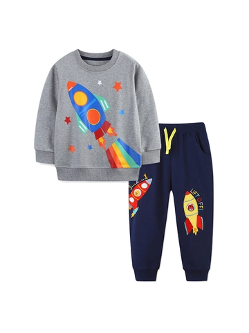 Vêtements Garçons Enfants 100% Coton Sweat-Shirt à Manches Longues et Pantalon Fusée Espace Imprimé Broderie Tenue de Sport Décontractée