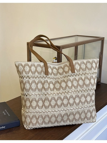 Sac Cabas en Paille Tissé de Grande Capacité pour Femmes Vacances à la Plage d'Été Motif Géométrique Sac à Bandoulière Avec Fermeture Éclair