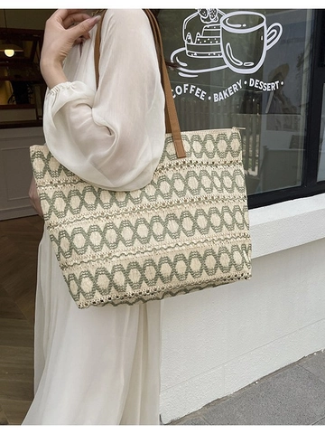Sac Cabas en Paille Tissé de Grande Capacité pour Femmes Vacances à la Plage d'Été Motif Géométrique Sac à Bandoulière Avec Fermeture Éclair
