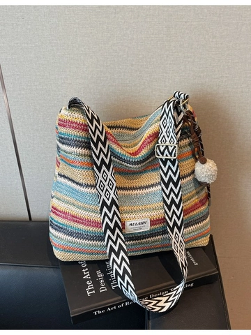 Sac Bandoulière en Paille Tissé à la Main Bohème Pour Femme Grande Capacité Sac de Plage Rayé Avec Bandoulière Géométrique