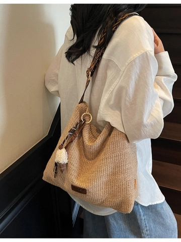 Sac Bandoulière en Paille Tissé à la Main Bohème Pour Femme Grande Capacité Sac de Plage Rayé Avec Bandoulière Géométrique