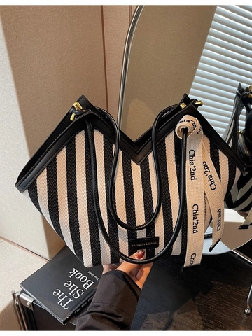 Sac Cabas en Toile Rayée pour Femme Grande Capacité Sac à Épaule Sous le Bras Avec Ruban Décoratif Sac de Shopping Minimaliste
