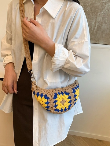 Böhmische Handgefertigte Gewebte Umhängetasche Sonnenblumenmuster Vintage Ethno-Stil Mondform Strandurlaub Lässige Textiltasche