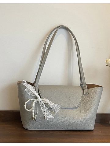 Sac Cabas en Cuir PU Grande Capacité pour Femme Motif Litchi Sac à Épaule Avec Nœud en Dentelle Pendentif Perle Artificielle Décontracté