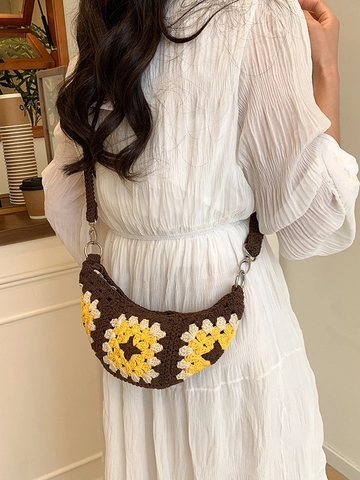 Böhmische Handgefertigte Gewebte Umhängetasche Sonnenblumenmuster Vintage Ethno-Stil Mondform Strandurlaub Lässige Textiltasche