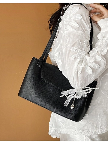 Sac Cabas en Cuir PU Grande Capacité pour Femme Motif Litchi Sac à Épaule Avec Nœud en Dentelle Pendentif Perle Artificielle Décontracté