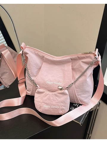 Borsa Tote in Tela da Donna Grande Capacità Borsa a Tracolla Pieghettata Happy Sunday Stampa Lettere Borsa a Spalla Casual