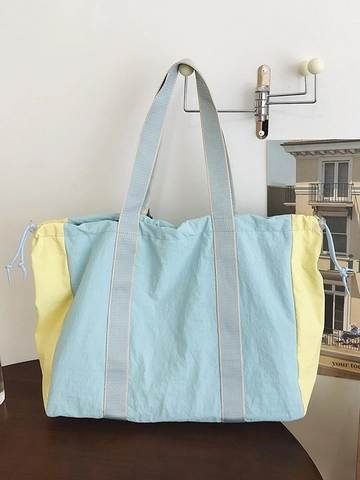 Sac Tote en Nylon Grande Capacité Femmes Décontracté Contraste de Couleur Sac à Épaule Plissé Léger Fourre-tout Voyage Pliable Cordon