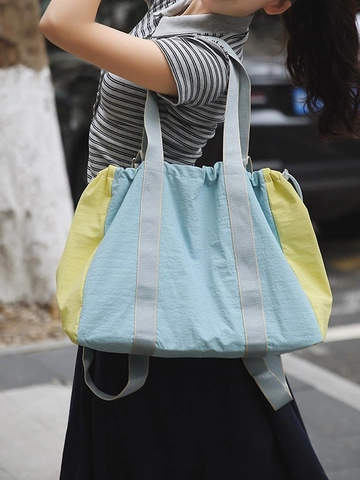 Sac Tote en Nylon Grande Capacité Femmes Décontracté Contraste de Couleur Sac à Épaule Plissé Léger Fourre-tout Voyage Pliable Cordon