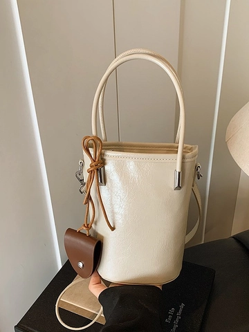 Bolso de Cubo de Cuero PU Vintage para Mujer Bolso Bandolera Con Asa Superior Correa Desmontable Color Sólido Moda Casual