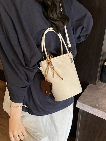 Bolso de Cubo de Cuero PU Vintage para Mujer Bolso Bandolera Con Asa Superior Correa Desmontable Color Sólido Moda Casual