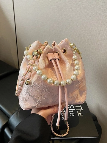 Borsa a Secchiello Donna Nuovo Stile Cinese Elegante Ricamata a Fiori Manico in Perla Tracolla Lusso Pizzo Borsetta Con Catena