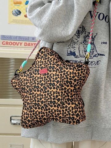 Leopardenmuster Sternförmig Nylon Schultertasche Mode Umhängetasche Für Damen Mit Bunten Geflochtenen Riemen Lässig Große Handtasche
