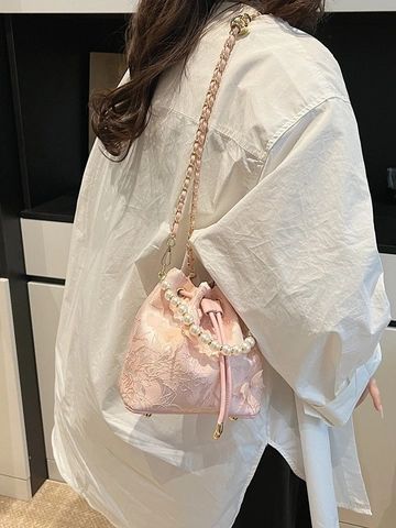 Borsa a Secchiello Donna Nuovo Stile Cinese Elegante Ricamata a Fiori Manico in Perla Tracolla Lusso Pizzo Borsetta Con Catena