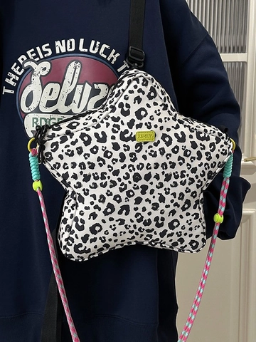 Leopardenmuster Sternförmig Nylon Schultertasche Mode Umhängetasche Für Damen Mit Bunten Geflochtenen Riemen Lässig Große Handtasche