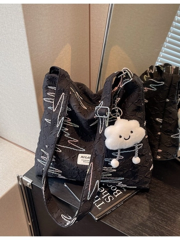 Borsa Tote Trapuntata in Tela Leggera da Donna Con Ciondolo a Nuvola Ricamo a Onde Colorate Borsa a Spalla alla Moda di Grande Capacità