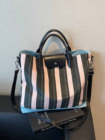 Borsa Tote in Tela a Righe di Grande Capacità per Donna Borsa a Tracolla Minimalista Pendolare Con Patta e Manico in Pelle PU
