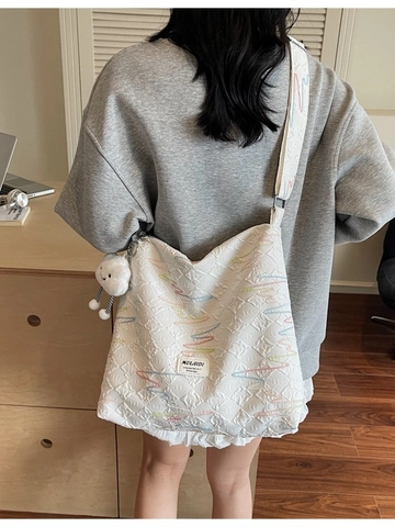 Borsa Tote Trapuntata in Tela Leggera da Donna Con Ciondolo a Nuvola Ricamo a Onde Colorate Borsa a Spalla alla Moda di Grande Capacità