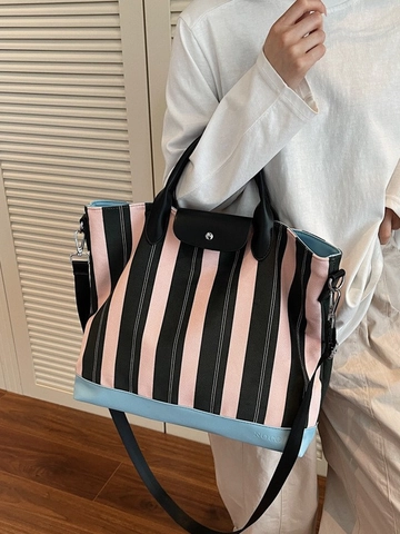 Borsa Tote in Tela a Righe di Grande Capacità per Donna Borsa a Tracolla Minimalista Pendolare Con Patta e Manico in Pelle PU