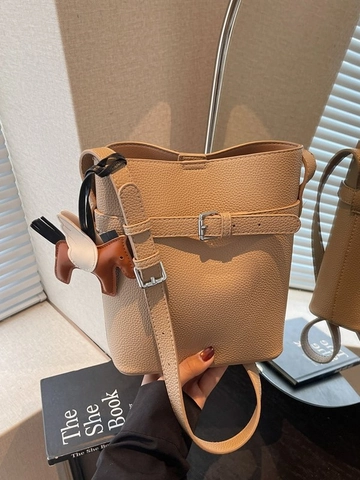 Fashion PU Leather Lychee Pattern Bucket Bag For Women With Horse Charm Adjustable Strap Shoulder Crossbody Bag