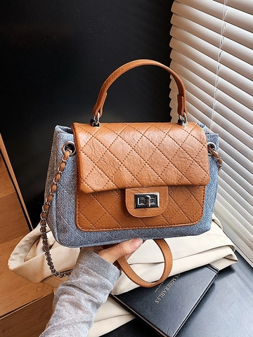 Borsa a Tracolla Trapuntata con Catena da Donna Denim Patchwork in Pelle PU Piccola Borsa a Tracolla Quadrata con Manico Superiore Borsa alla Moda
