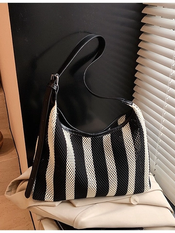 Bolso de Hombro de Malla a Rayas para Mujer Gran Capacidad Correa de Cuero PU Bolso Hobo Tote para Viajes de Verano Compras Diario