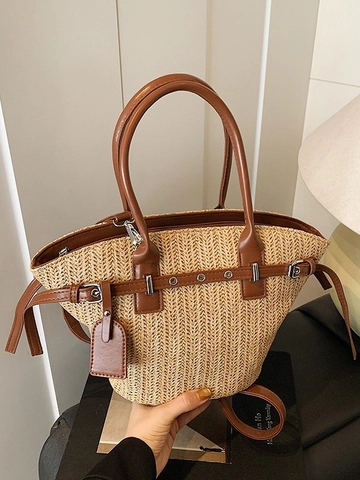 Sac Fourre-tout d'Été en Paille Tissée pour Femmes avec Épissage en Cuir PU Sac à Bandoulière de Plage avec Oeillets Métalliques