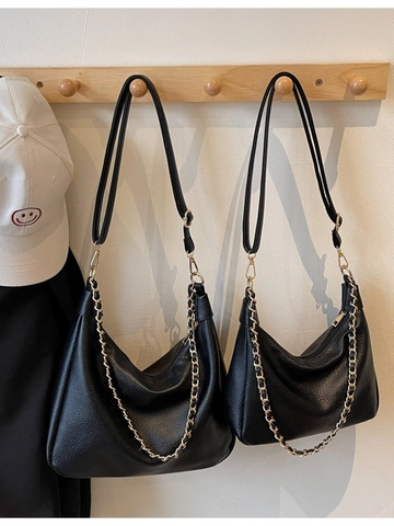 Sac Hobo en Cuir PU Rétro pour Femmes Motif Lychee Sac à Bandoulière Sous le Bras Avec Chaîne Dorée Cabas Grande Capacité