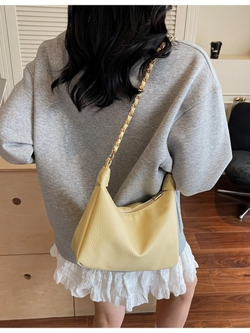 Sac Hobo en Cuir PU Rétro pour Femmes Motif Lychee Sac à Bandoulière Sous le Bras Avec Chaîne Dorée Cabas Grande Capacité