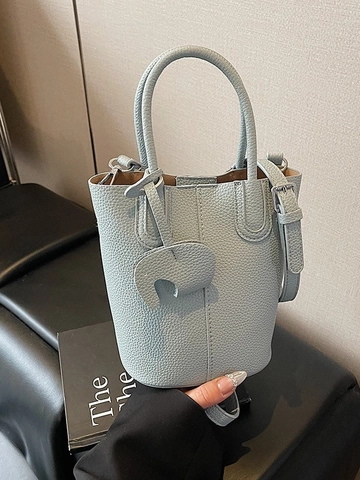 Women Fashion Premium Litchi Pattern PU Leather Bucket Bag Minimalist Crossbody Handbag With Elephant Charm Magnetic Closure