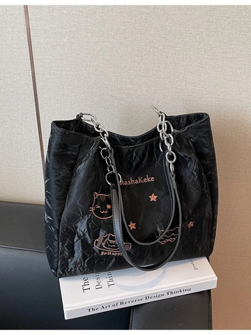 Sac Cabas de Grande Capacité pour Femmes en Cuir PU Plissé Avec Bandoulière Chaîne Broderie Chat de Dessin Animé