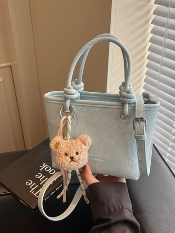Sac Seau en Cuir PU Plissé pour Femmes Sac à Main de Mode avec Pendentif Ours en Peluche Sac à Bandoulière pour Usage Quotidien