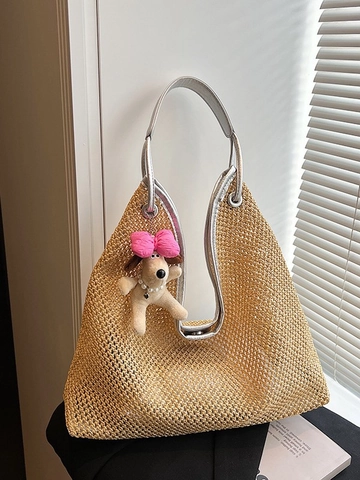 Borsa Tote in Paglia Intrecciata di Grande Capacità per Donna Con Bordo in Pelle PU e Simpatico Ciondolo a Forma di Cane Borsa a Tracolla da Spiaggia