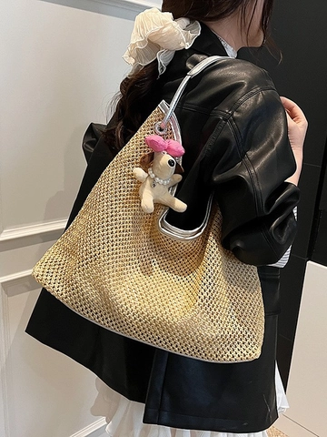 Borsa Tote in Paglia Intrecciata di Grande Capacità per Donna Con Bordo in Pelle PU e Simpatico Ciondolo a Forma di Cane Borsa a Tracolla da Spiaggia