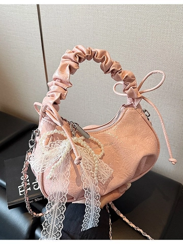 Sac à Épaule Croissant Plissé pour Femmes Cuir PU Nœud en Dentelle Perle Artificielle Décor Chic Français Y2K Quotidien
